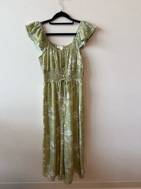 PIE IN THE SKY Boutique Green Floral Maxi Romper with Ruffle Sleeves